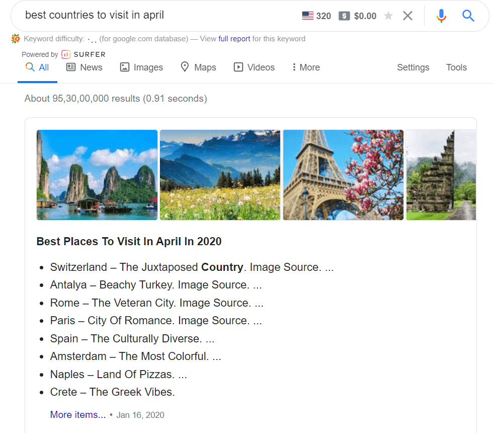 featured snippet list result
