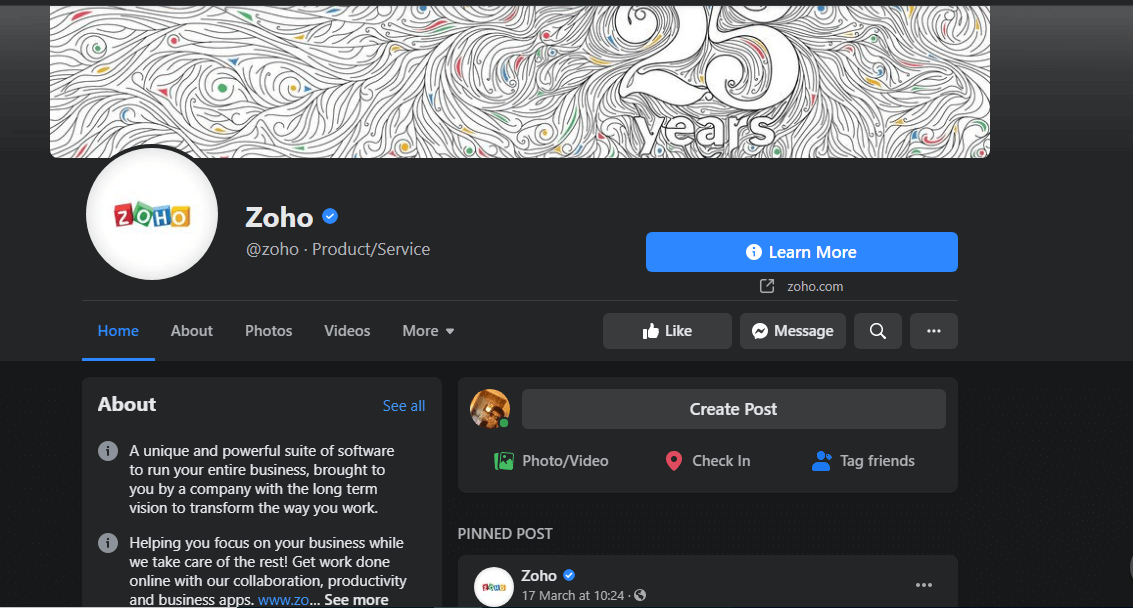 Zoho facebook page