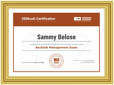 Sammy Belose Link Building Certificate by Semrush