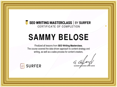 Sammy Belose SEO Writing Masterclass Certificate by Surfer SEO